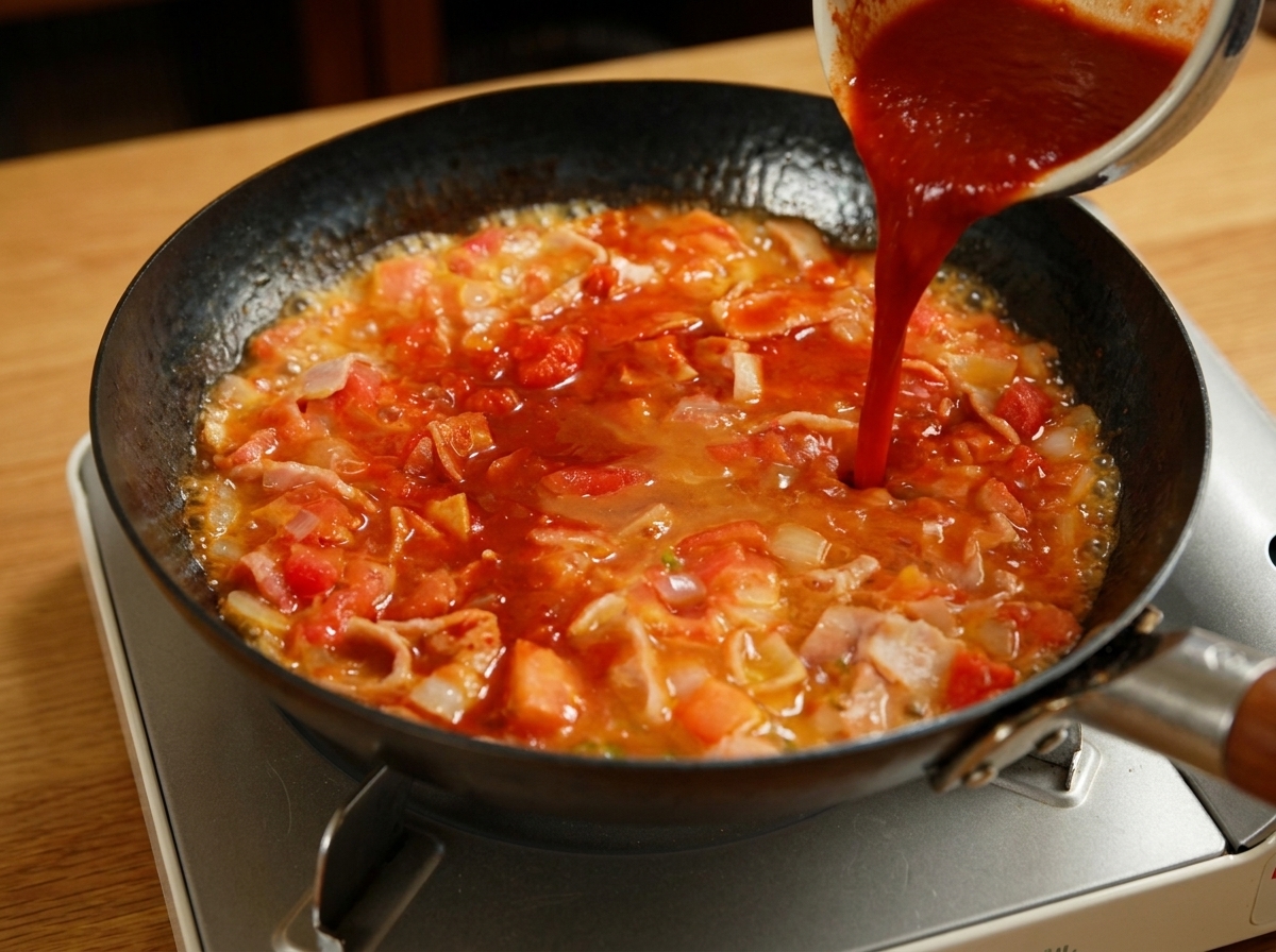 A thick red sauce being poured from a bowl into a frying pan with sizzling tomatoes, onions, and bacon.
