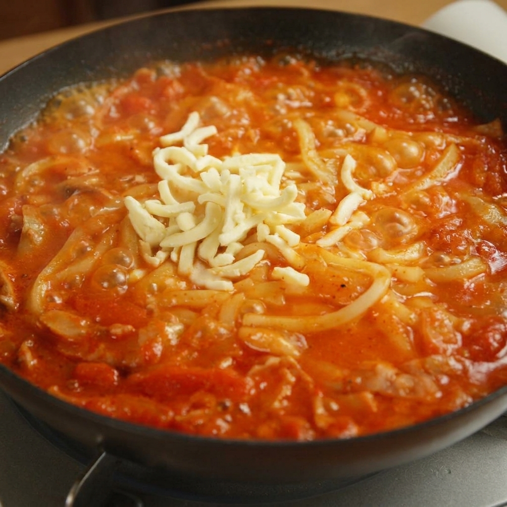 Shredded white mozzarella cheese piled on top of udon noodles in a red spicy sauce.