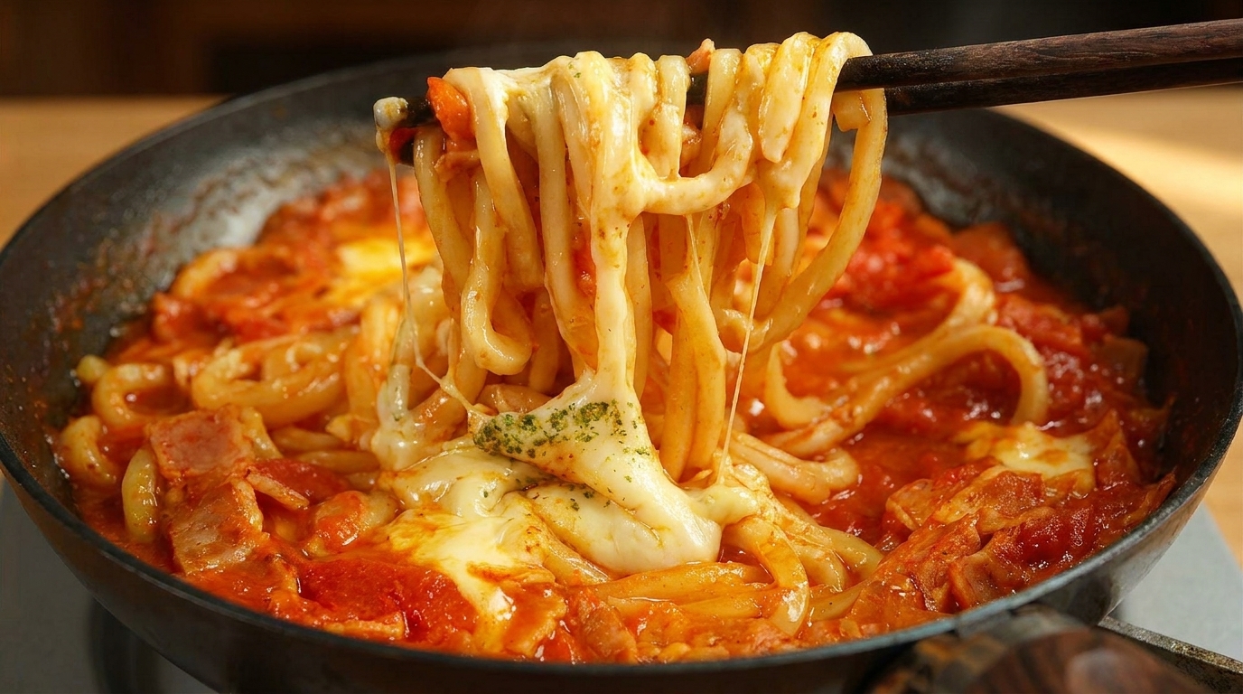 Chewy udon noodles tossed in a smoky bacon-tomato sauce, topped with a rich, stretchy double-cheese pull.
