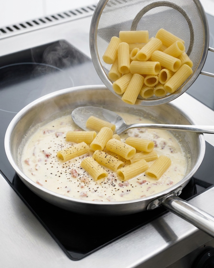 A metal strainer pouring cooked rigatoni pasta into a pan of creamy bacon sauce.