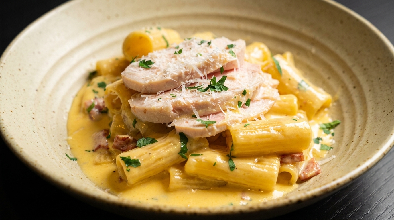 Creamy Bacon Carbonara Rigatoni with Sliced Chicken