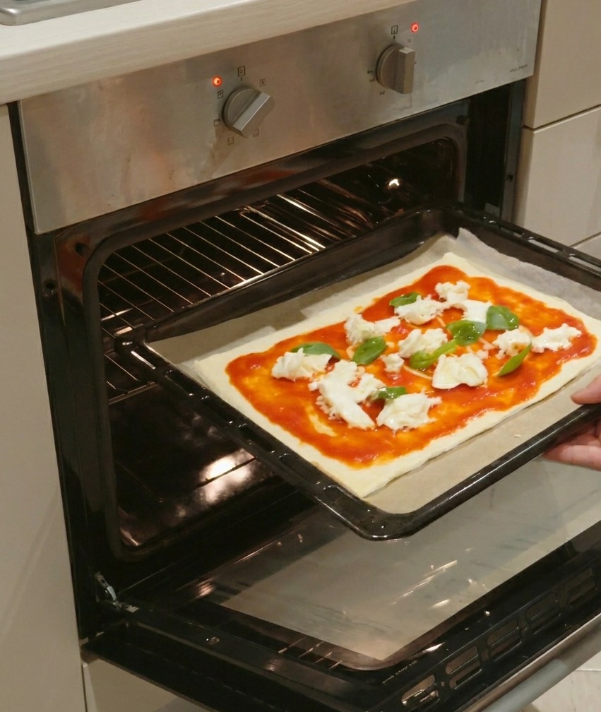 A persons hand sliding a rectangular baking tray containing a raw Margherita pizza into a preheated oven.