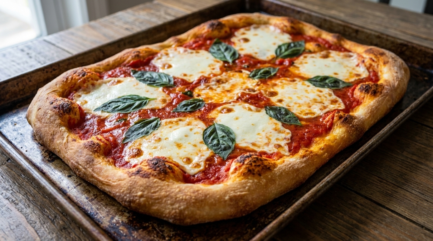 A freshly baked rectangular Margherita pizza with a golden-brown crust, melted mozzarella pools, and fragrant basil.