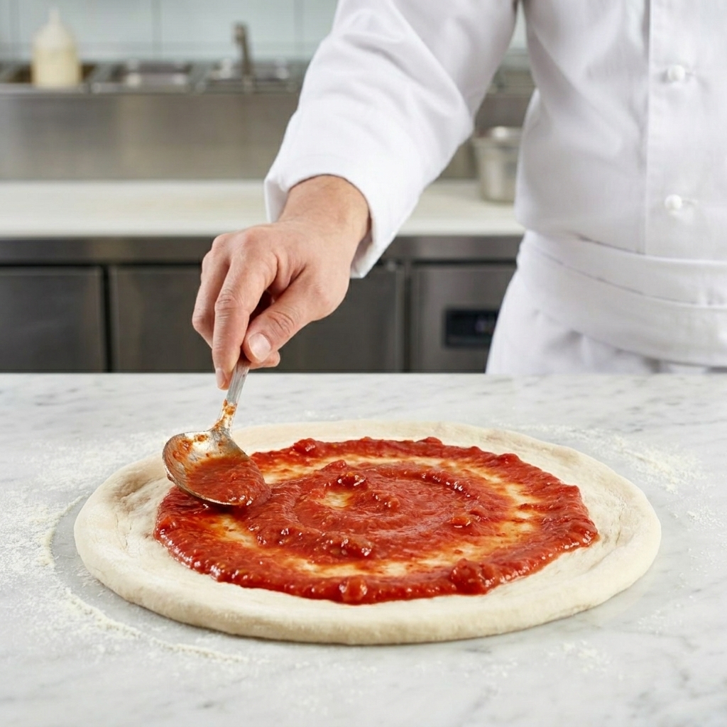 A ladle spreading bright red tomato sauce in a circular pattern over the surface of a raw pizza base.