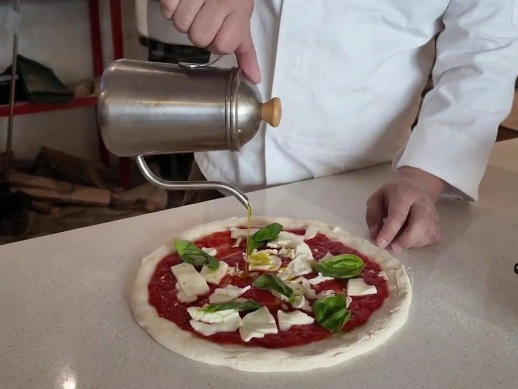 A traditional metal dispenser pouring olive oil over a pizza topped with tomato sauce, mozzarella, and fresh basil.