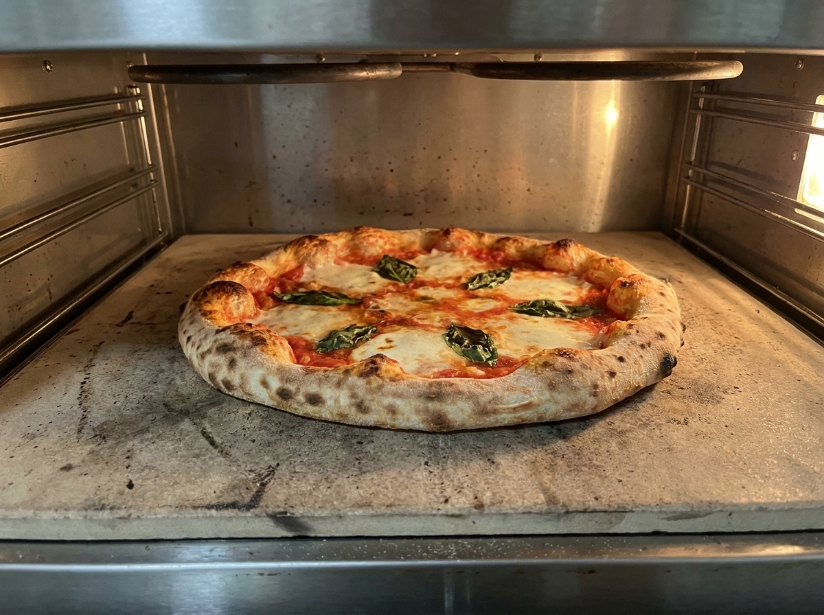 A Margherita pizza baking on the stone deck inside a hot oven, showing a well-risen, browning crust and bubbling cheese.