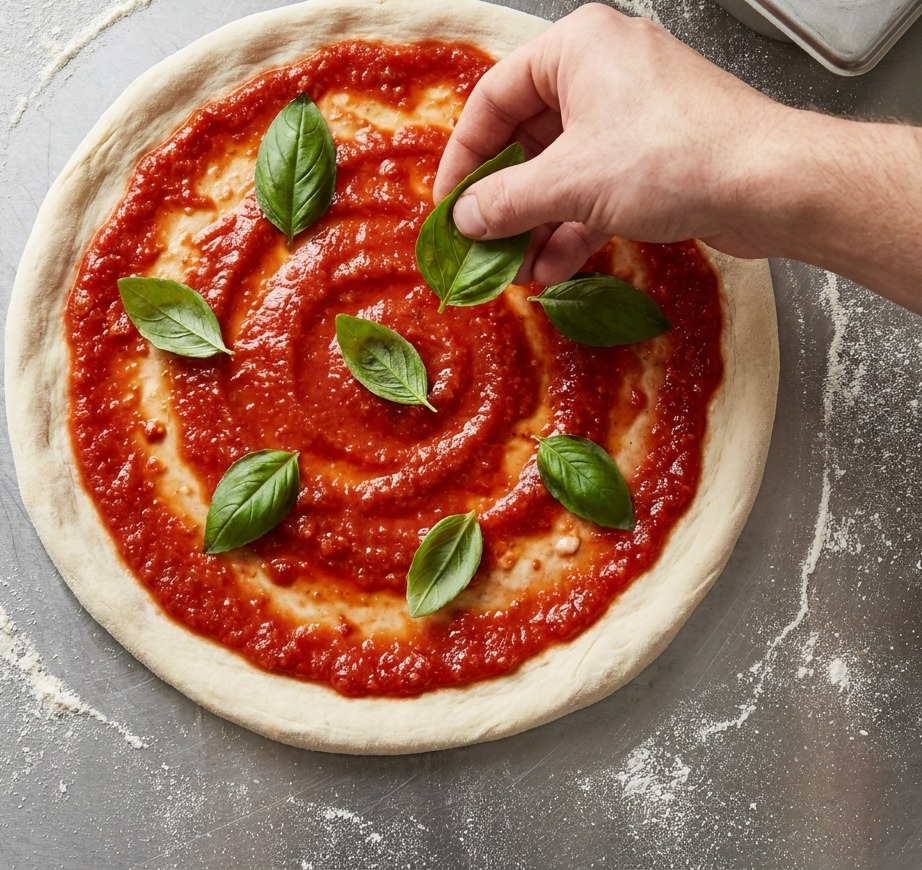 Hands spreading red sauce on a pizza base and adding fresh green basil leaves.