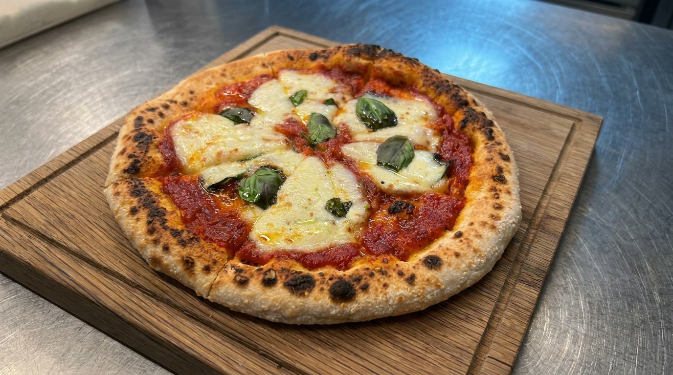 A fresh Margherita pizza featuring a perfectly charred crust, melted buffalo mozzarella, and aromatic basil leaves.
