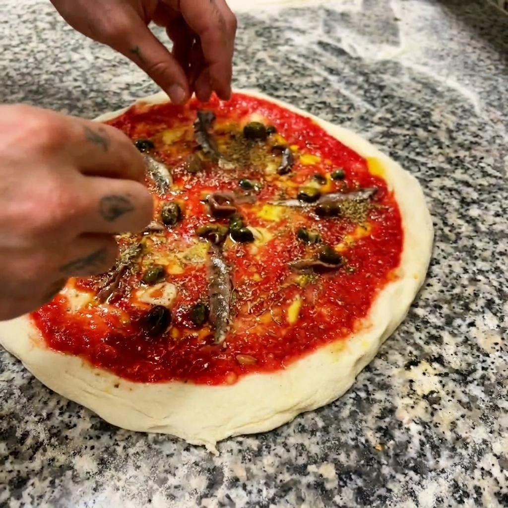 Hands carefully placing dark whole olives onto a pizza topped with tomato sauce and cured anchovies.