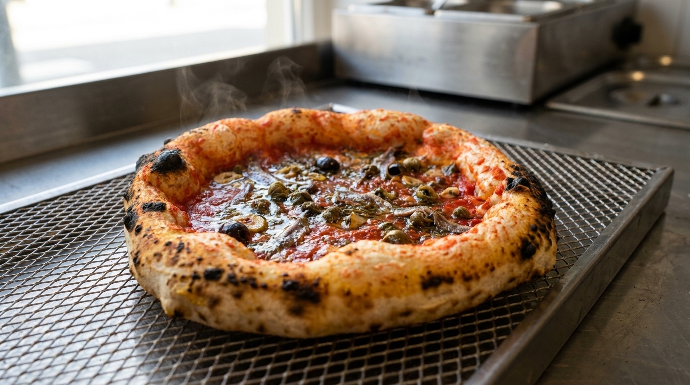 A freshly baked Neapolitan pizza with a charred crust, rich tomato sauce, cured anchovies, and glossy olives