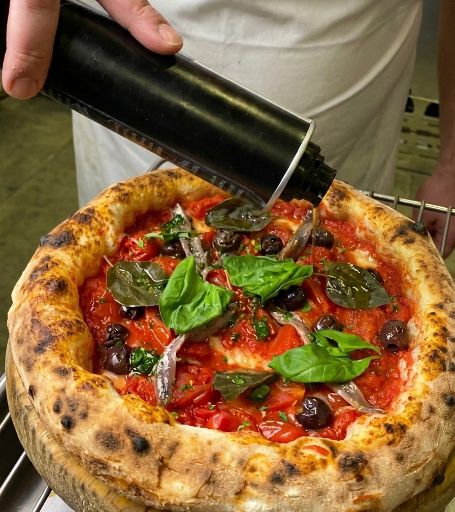 A thin stream of olive oil being poured from a black metal container onto a freshly garnished Neapolitan pizza.