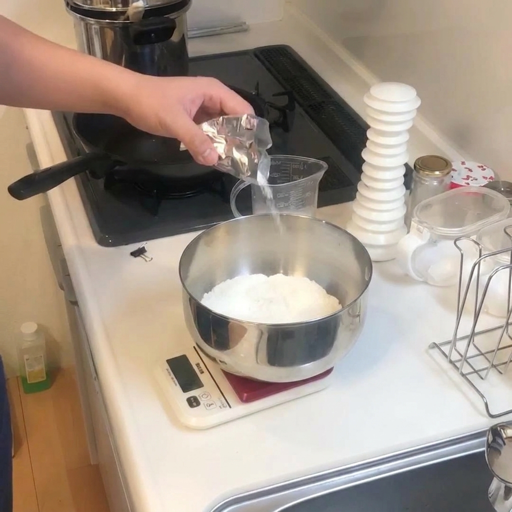 A hand pouring granules of dry yeast from a silver foil sachet into a stainless steel bowl filled with white flour.