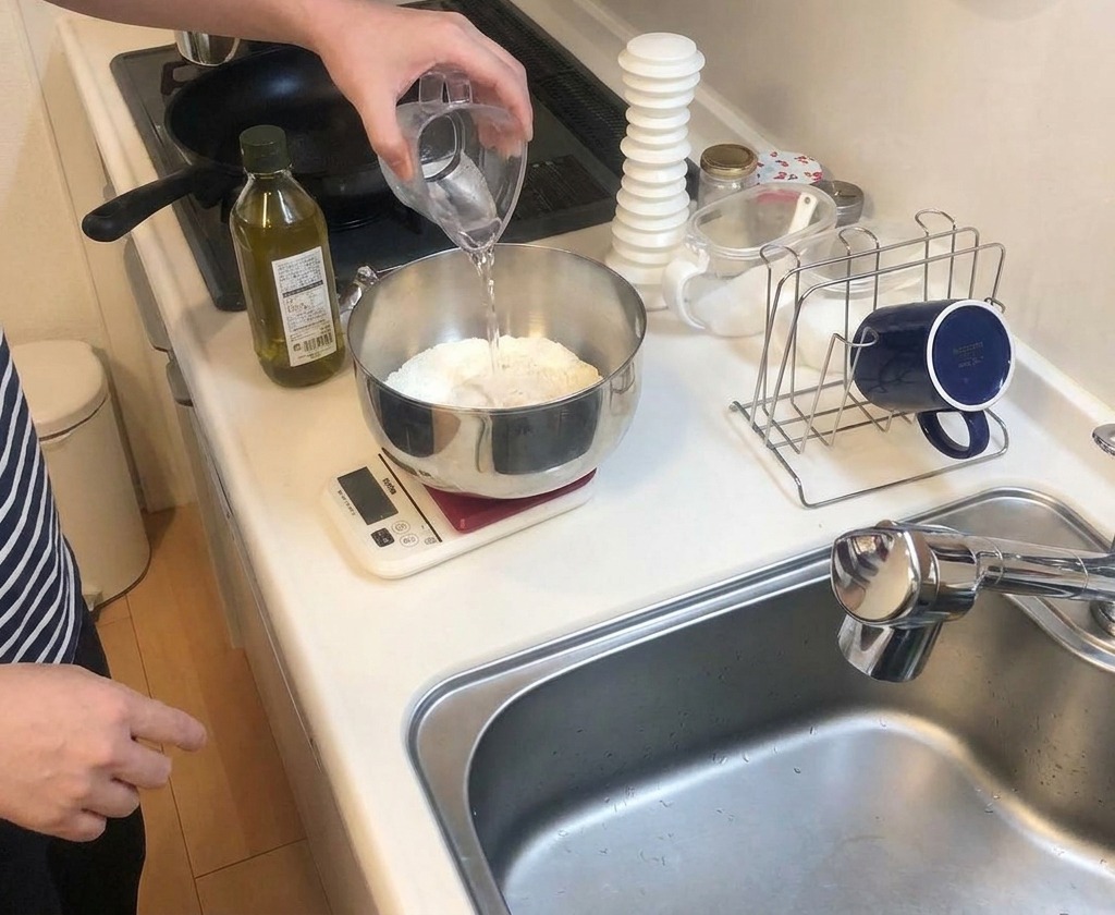 Warm water being poured from a clear plastic measuring cup into a metal bowl filled with flour and dry ingredients.