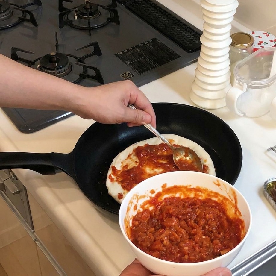 Spreading bright red tomato sauce over raw pizza dough in a pan using a metal spoon.