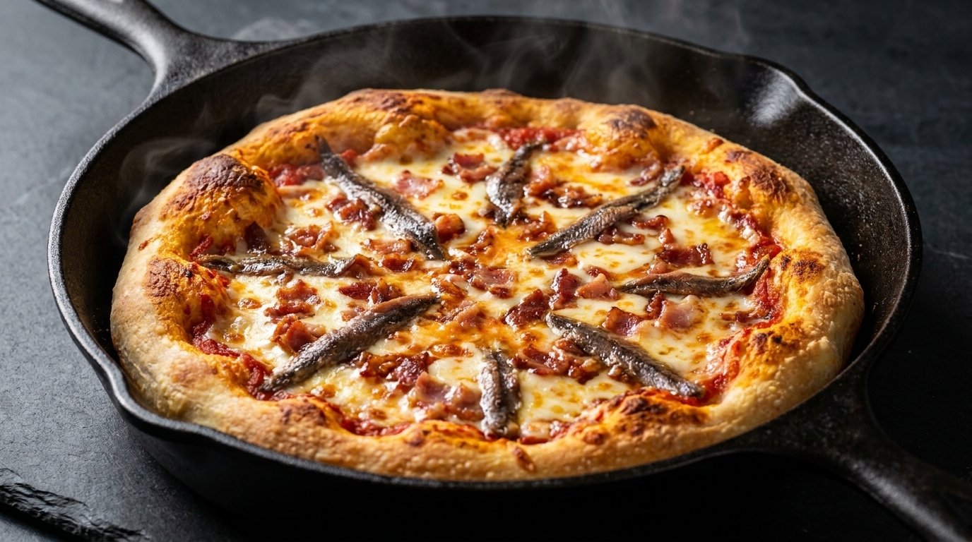 Crispy Skillet Anchovy and Bacon Pizza