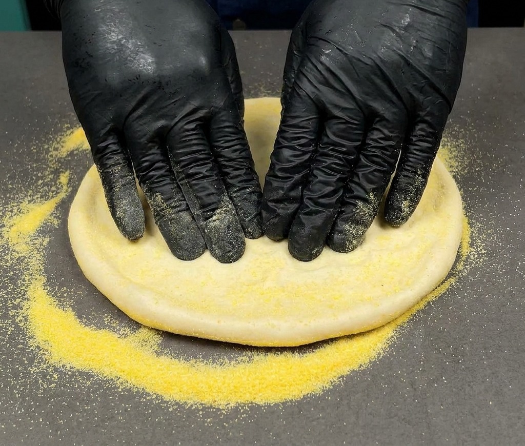 A pair of black-gloved hands pressing down on a round portion of pizza dough on a surface covered in yellow cornmeal.