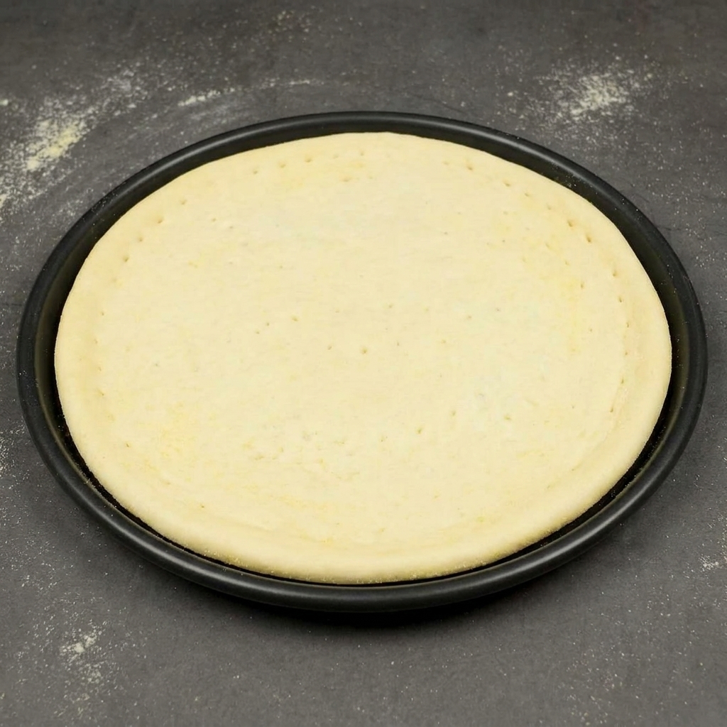 The raw pizza dough base sitting perfectly centered in a dark, round metal baking pan.