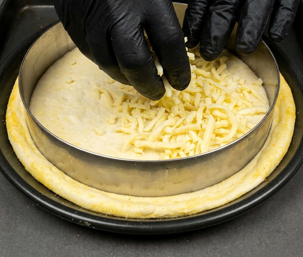 Shredded mozzarella cheese being applied to the top of pizza dough within a round metal ring mold.
