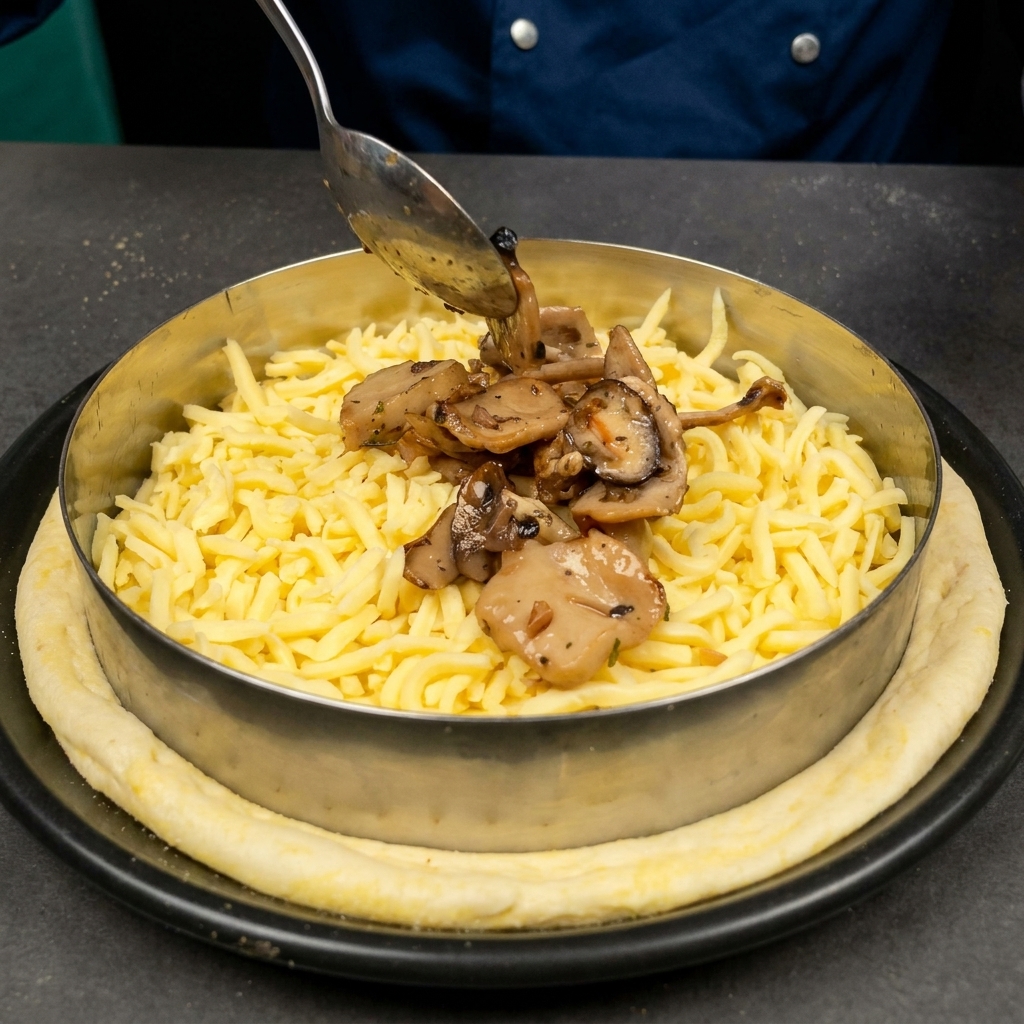 A spoon placing cooked, seasoned mushrooms on top of shredded cheese on the pizza dough.