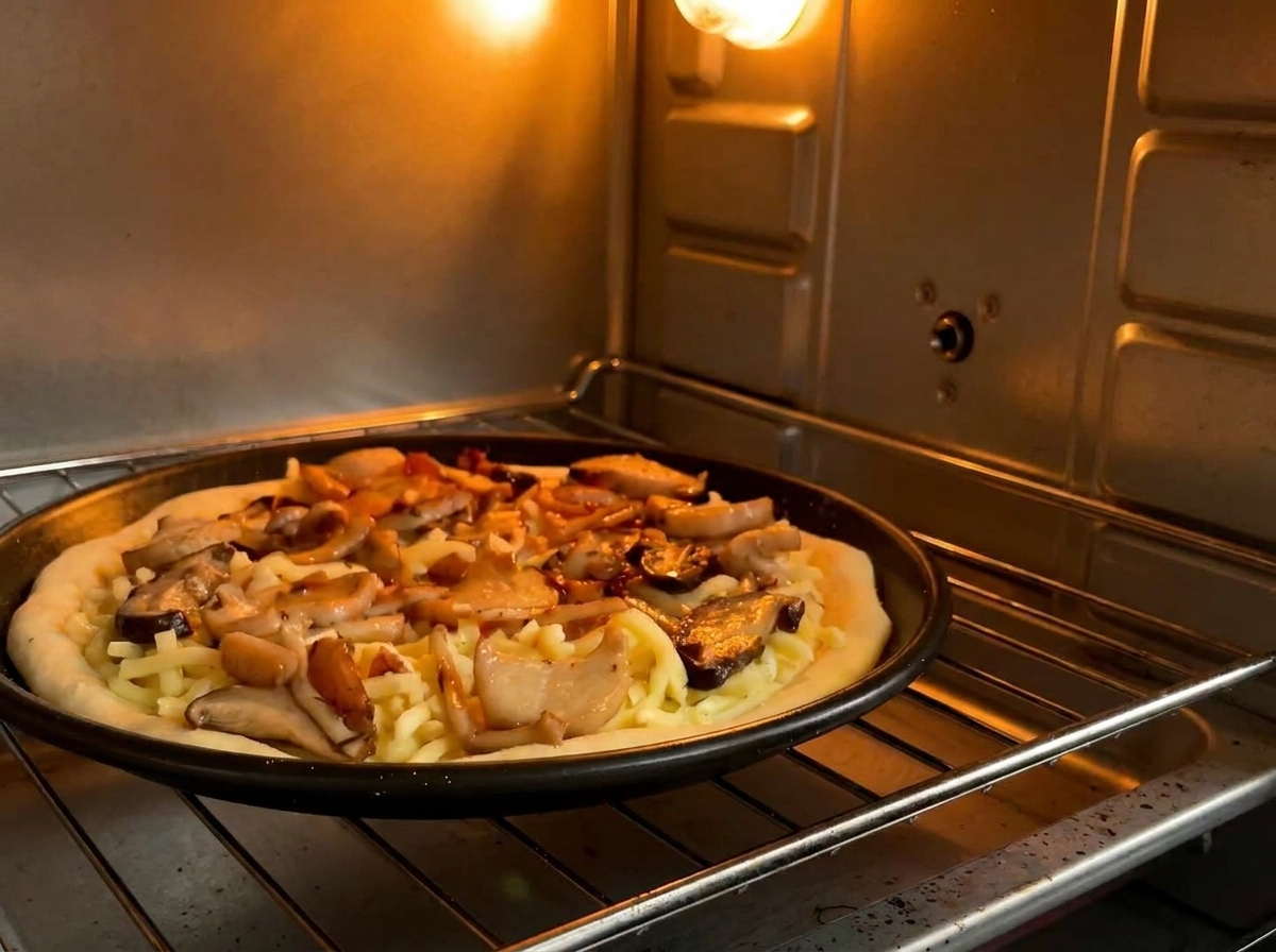 A mushroom pizza baking on a rack inside an oven with the internal light illuminating the scene.