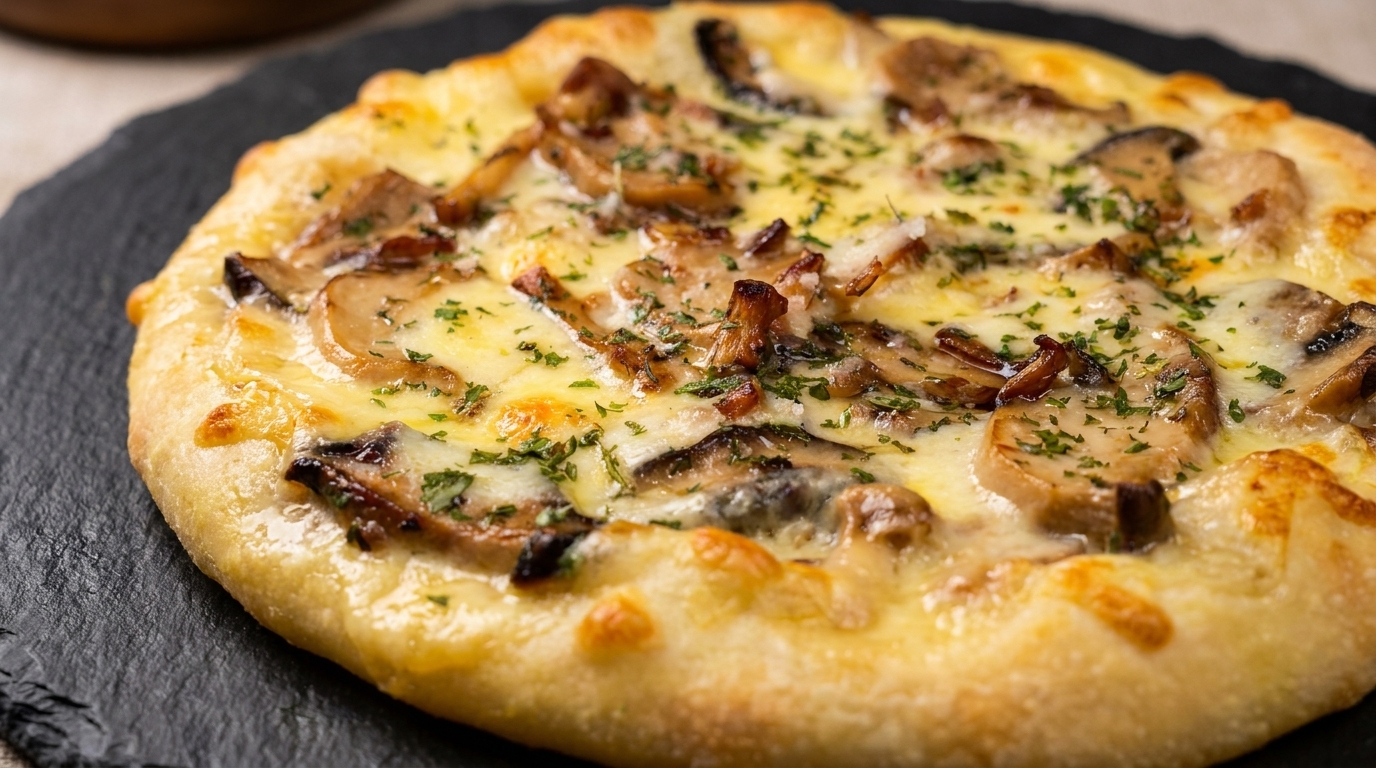 Gourmet Mushroom White Pizza with Garlic and Fresh Herbs