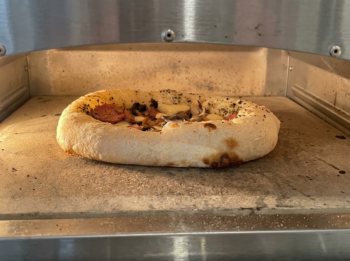 A pizza baking inside an oven with the crust significantly puffed and browned, and the cheese melted and bubbling.