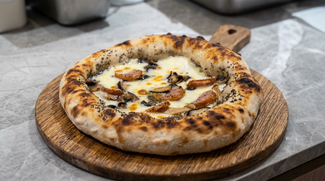 A freshly baked artisanal pizza on a wooden peel, featuring a charred crust and earthy truffle toppings