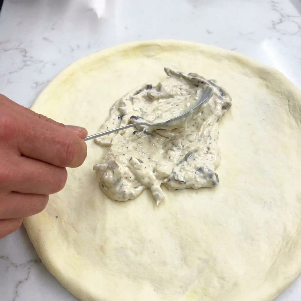 A metal spoon spreading a thick, white cream sauce containing mushroom pieces over a raw pizza crust.