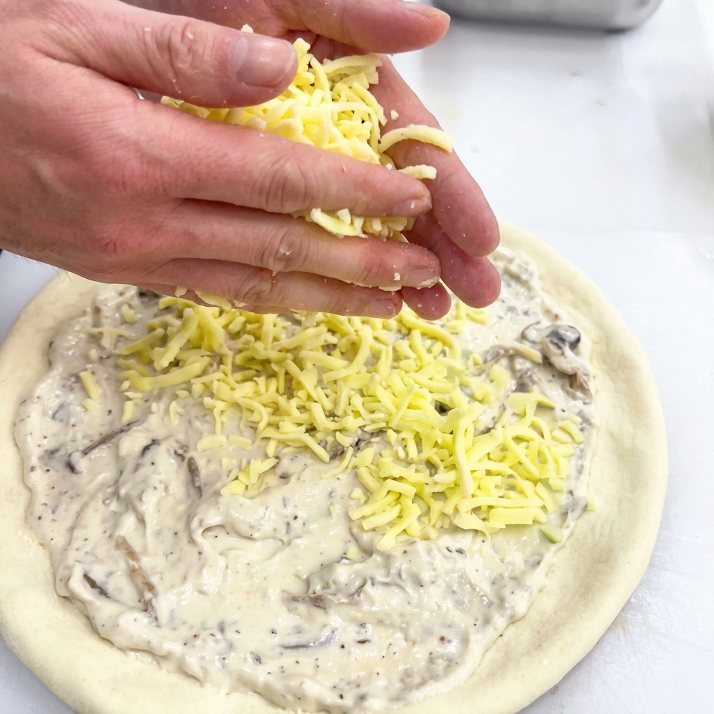 Hands dropping shredded yellow-white cheese onto a pizza base already covered in white sauce.