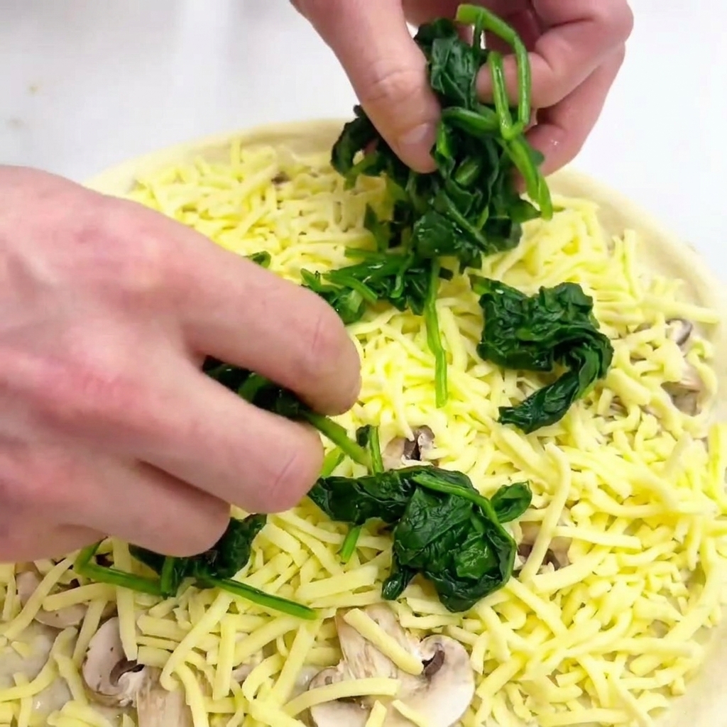 Hands placing dark green cooked spinach leaves onto a pizza topped with shredded cheese.
