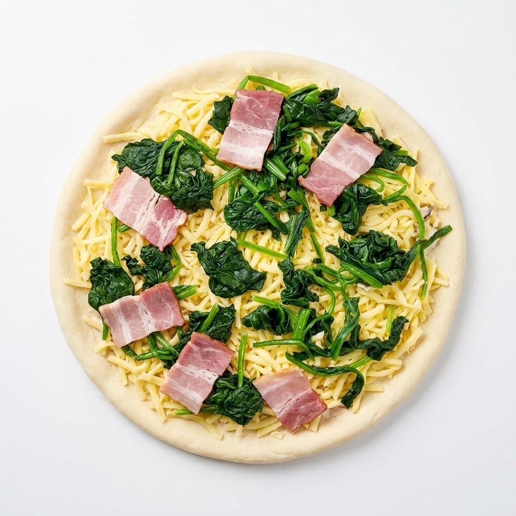 Overhead view of an unbaked pizza topped with white sauce, mozzarella, spinach, and six slices of raw bacon.