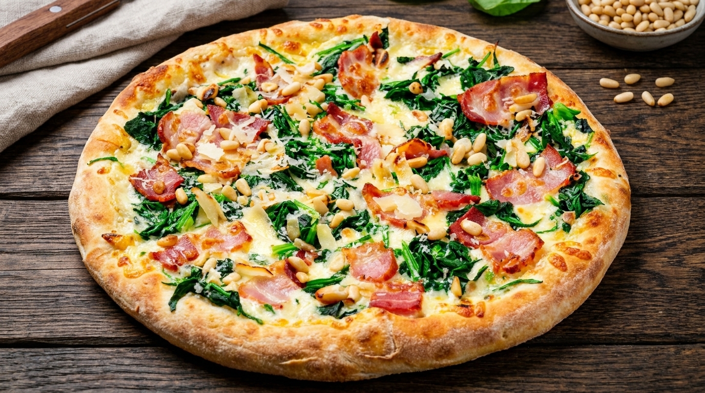 Creamy Spinach and Bacon Pizza with Mushroom Sauce