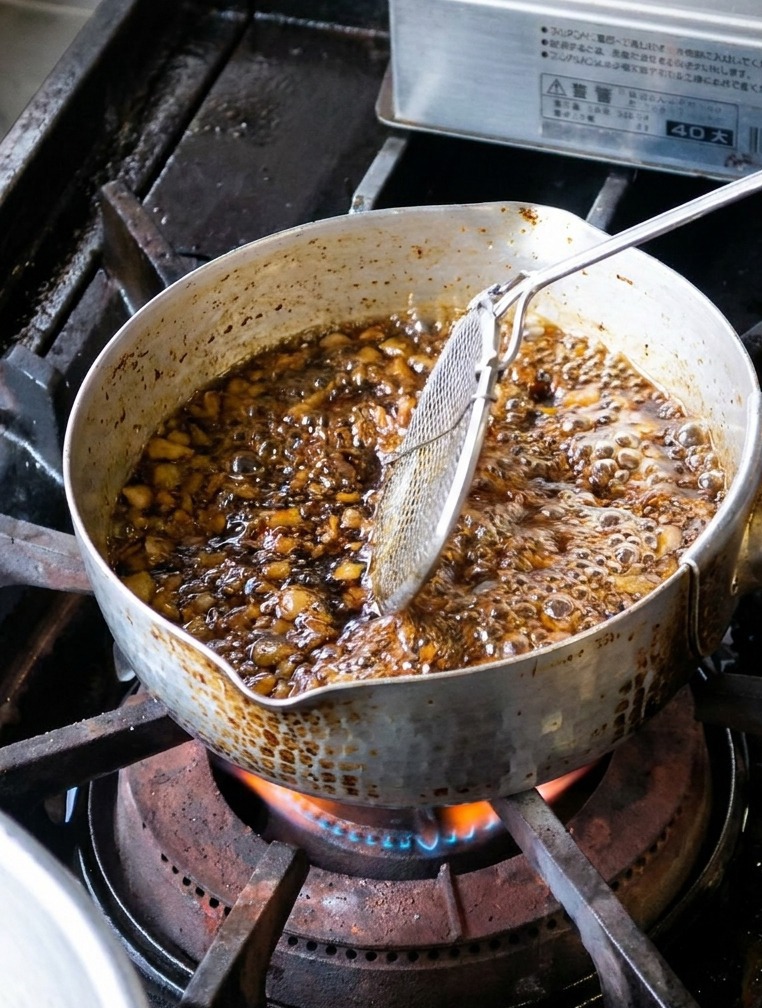 The final portion of garlic slices fried to a deep, dark black color in a pot of bubbling oil, being removed with a strainer.