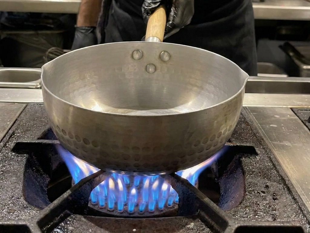 A stainless steel pot with a wooden handle sits on a gas stove with blue flames, containing a portion of milky white pork bone broth.
