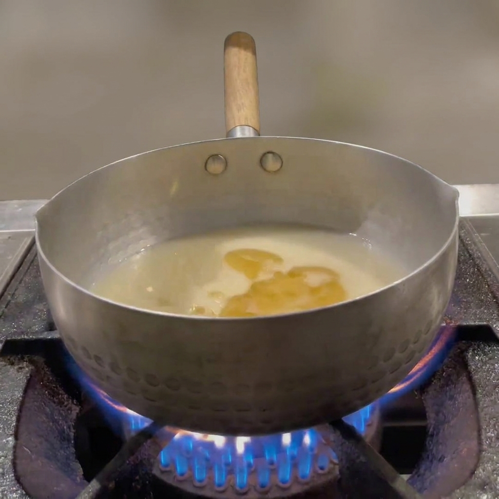 A cook in black gloves pours a thick white liquid from a small plastic container into a pot of simmering light-colored sauce.