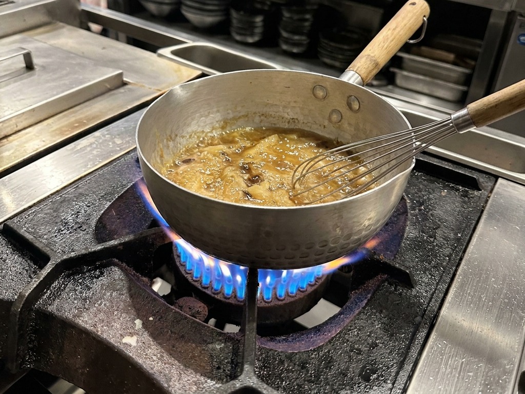 A metal whisk is used to stir a bubbling, thick brown black garlic sauce inside a pot over a blue gas flame.