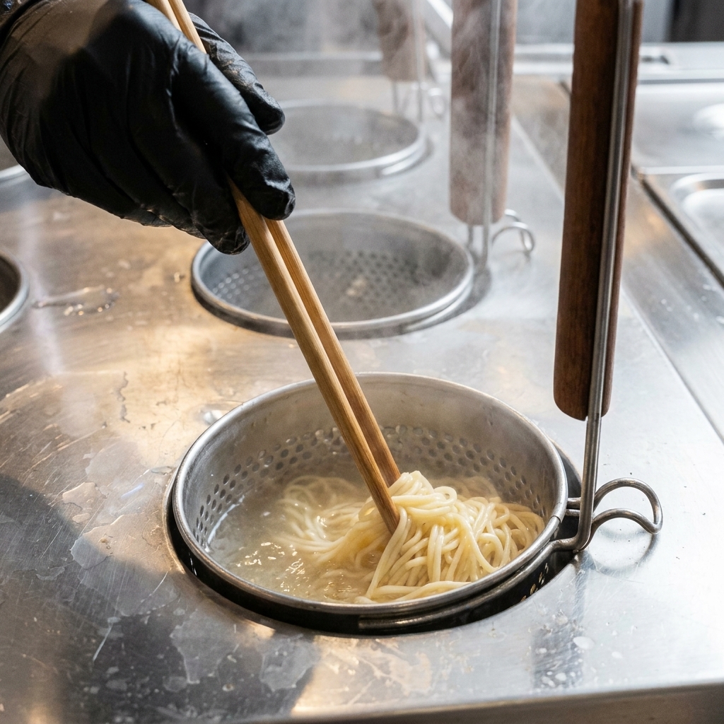A pair of long wooden chopsticks stirring a bundle of yellow noodles inside a circular boiling pot.