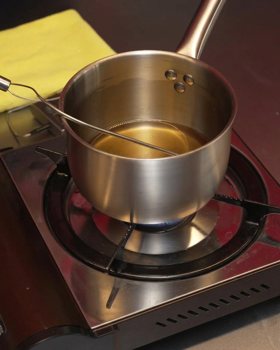 A stainless steel saucepan on a gas stove containing melted, clear lard.