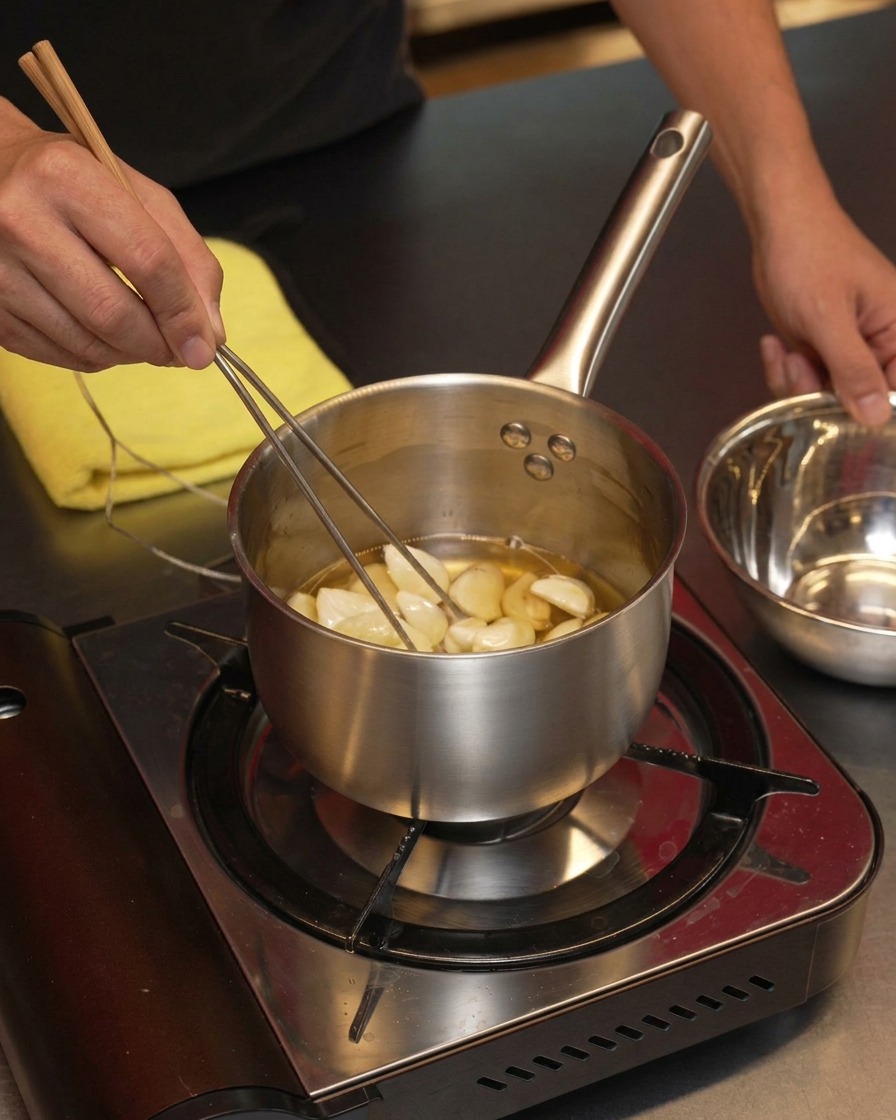 Peeled garlic cloves being stirred with chopsticks in a pot of hot oil.