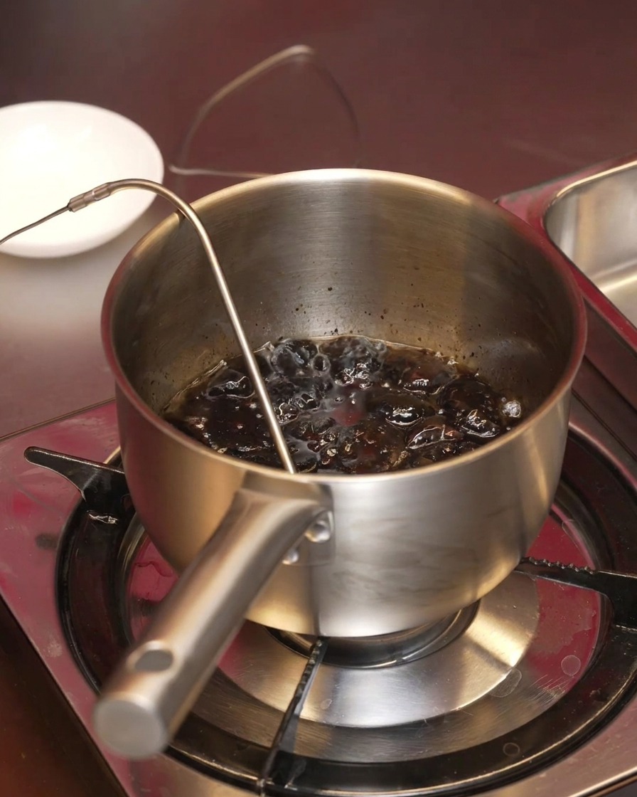 Deeply charred black garlic cloves bubbling in oil inside a stainless steel saucepan with a thermometer probe.