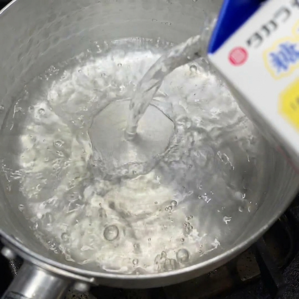 A stream of clear sake being poured into a small metal saucepan already containing light soy sauce on a stovetop.