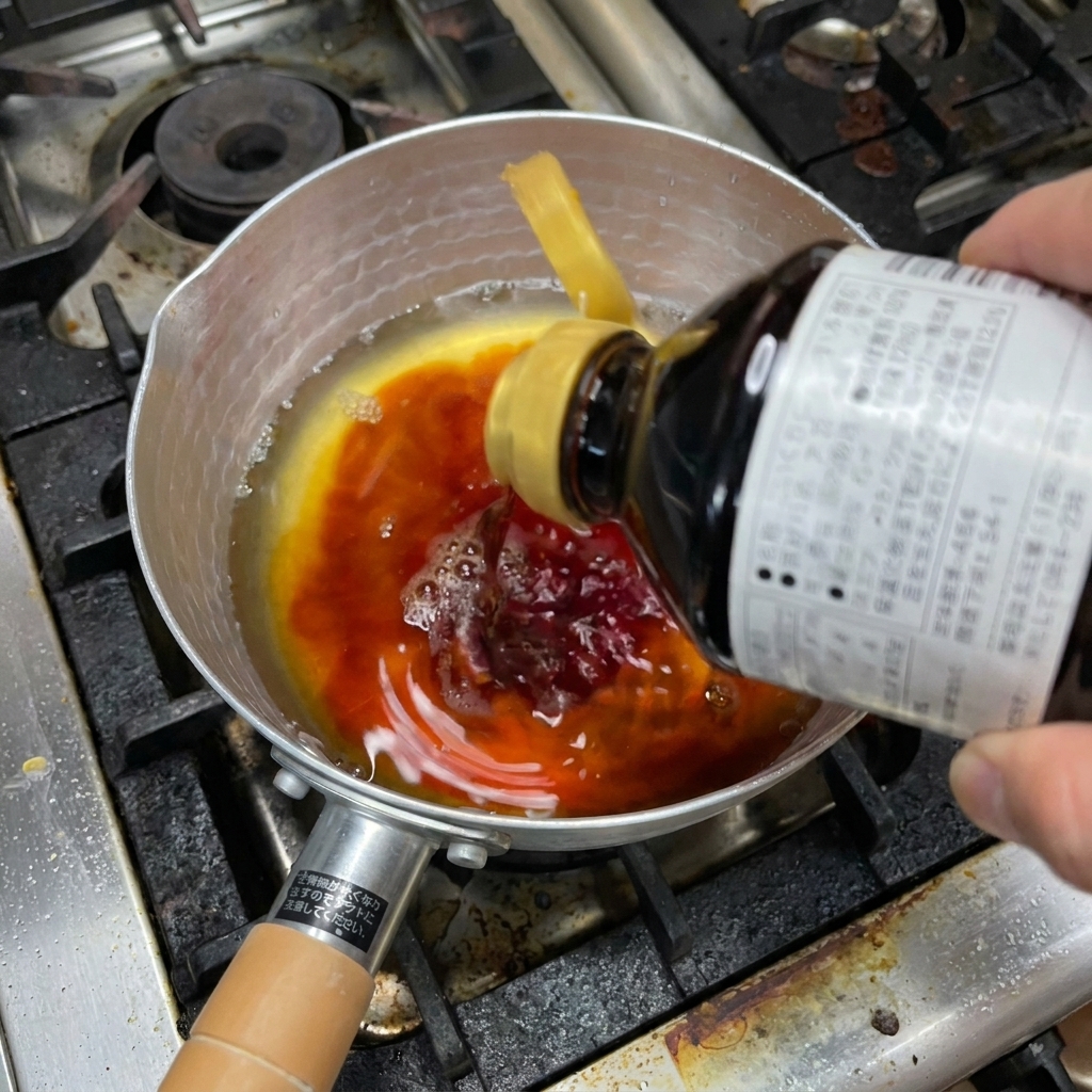 Dark soy sauce being poured from a bottle into a saucepan with lighter liquids, creating a swirling dark pattern.
