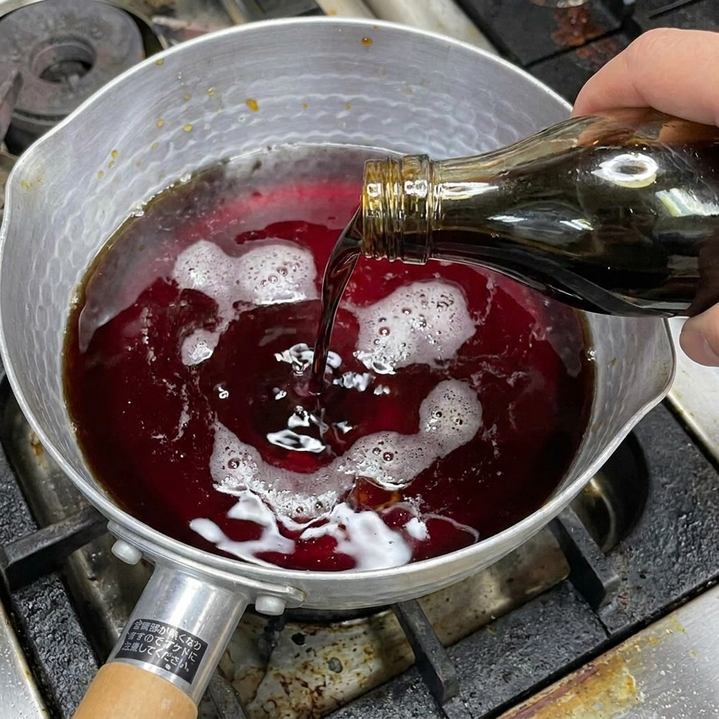 A dark liquid in a saucepan being topped with more dark sauce from a glass bottle with small bubbles visible on the surface.
