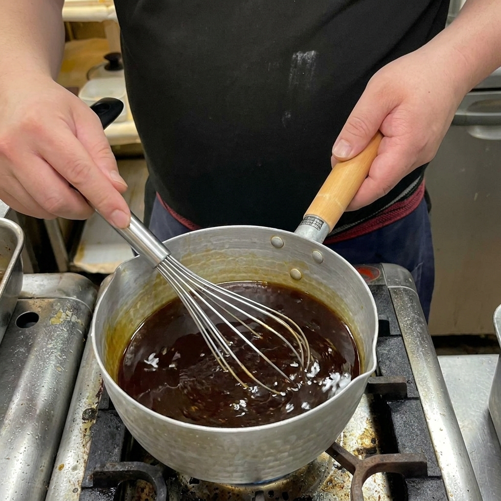 A person using a wire whisk to stir a dark, bubbling sauce in a small metal pot over a gas burner.