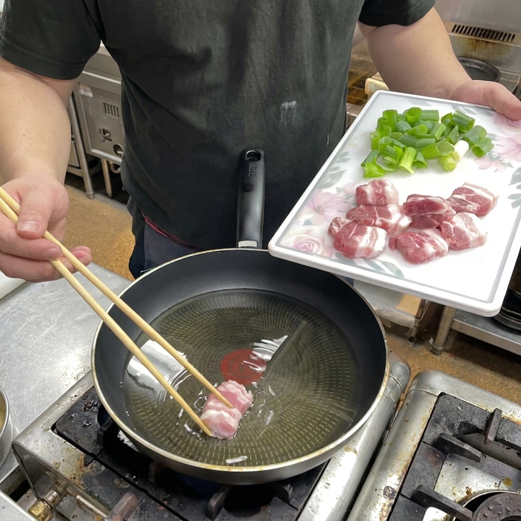 A person using wooden chopsticks to place thick, raw pork belly slices into a frying pan with shallow oil.