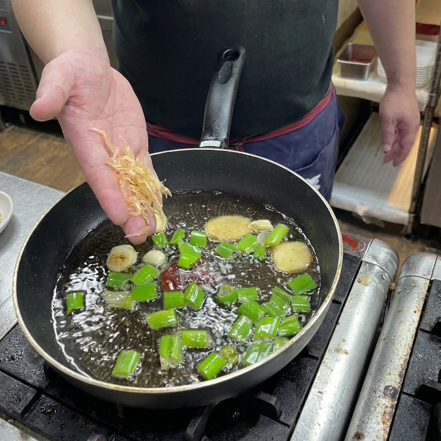 A persons hand sprinkling dried shrimp into a pan containing sizzling green onions, ginger, and garlic.