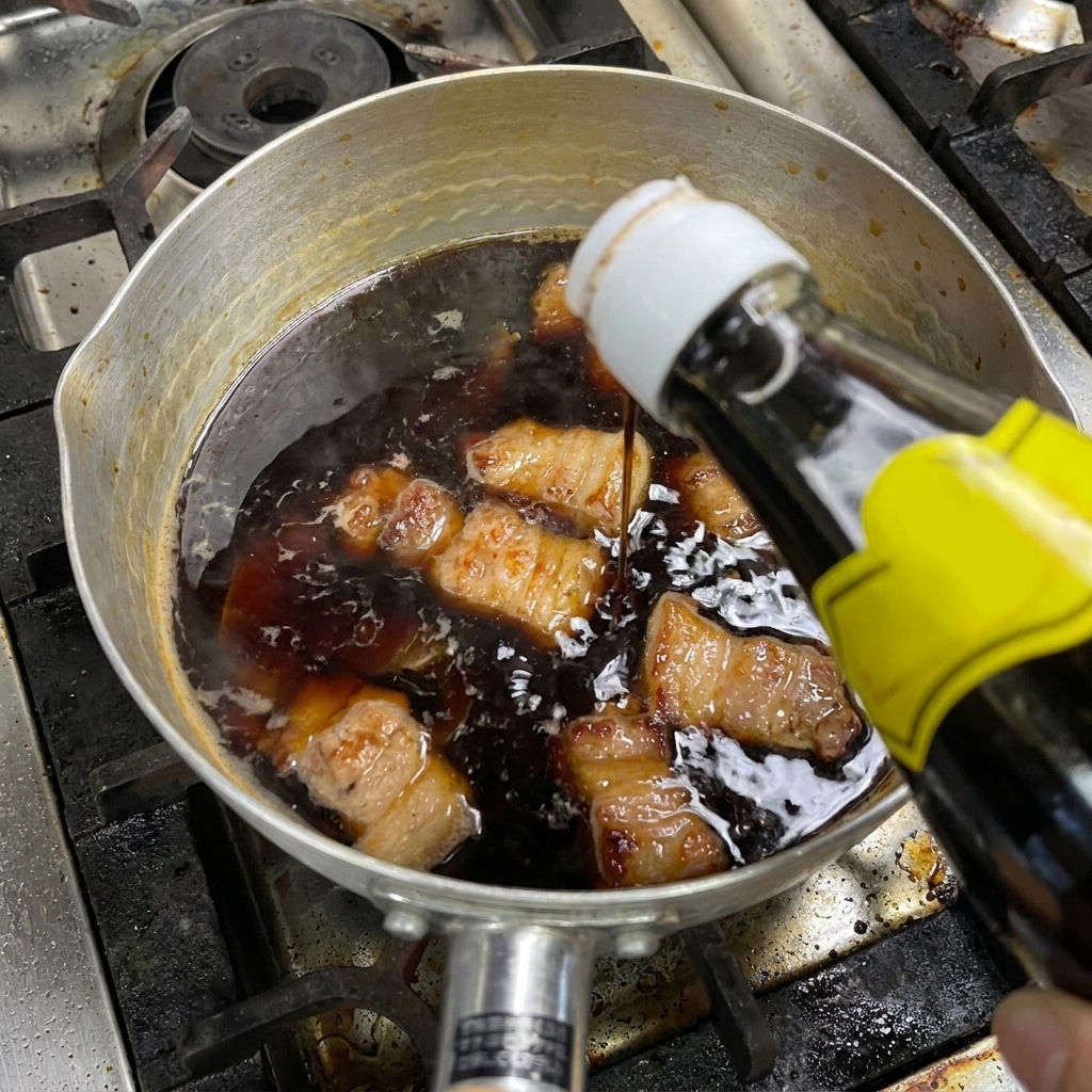 Dark liquid being poured from a glass bottle into a simmering pot of braised pork belly chunks.