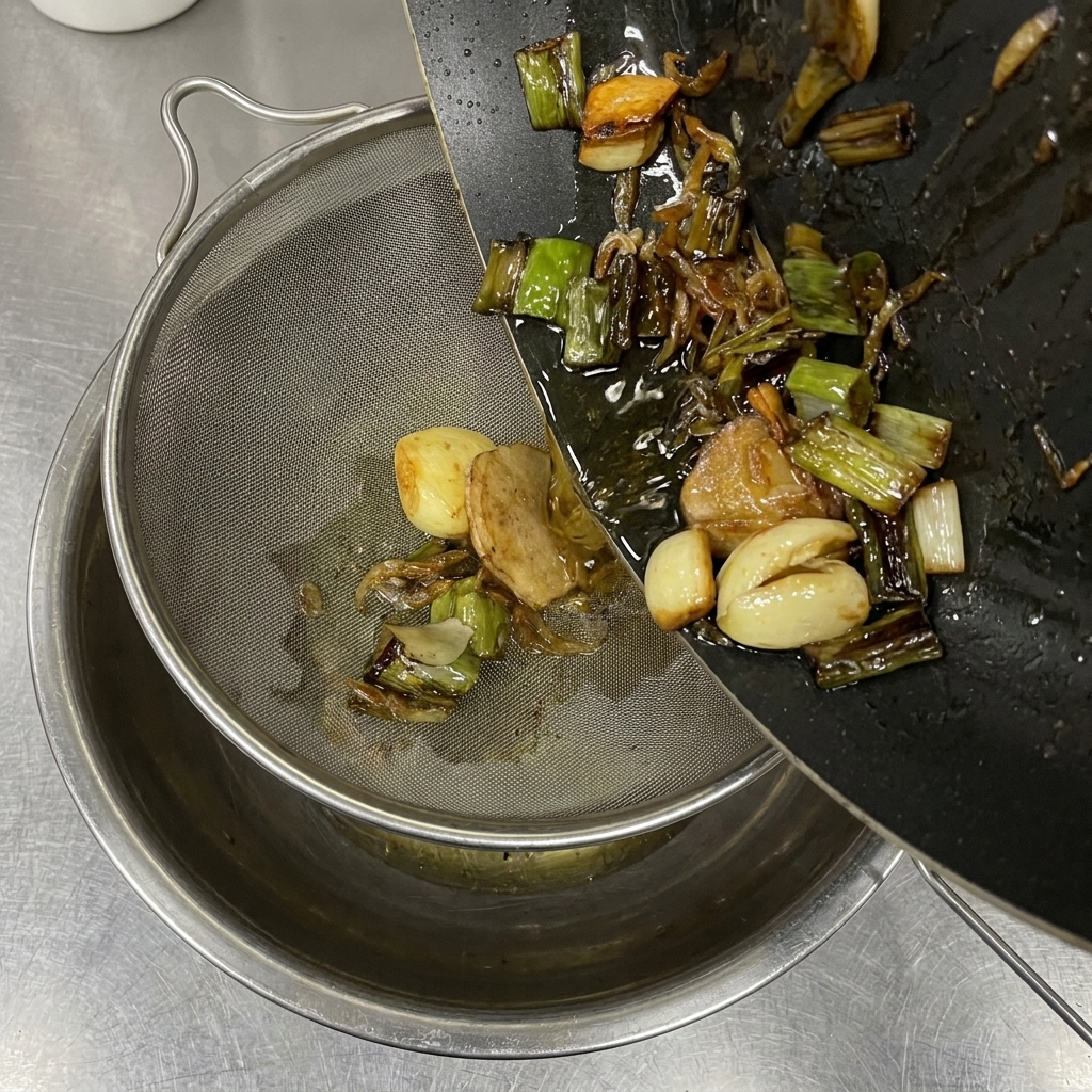 Pouring oil and charred aromatics from a black pan into a sieve held over a stainless steel bowl.