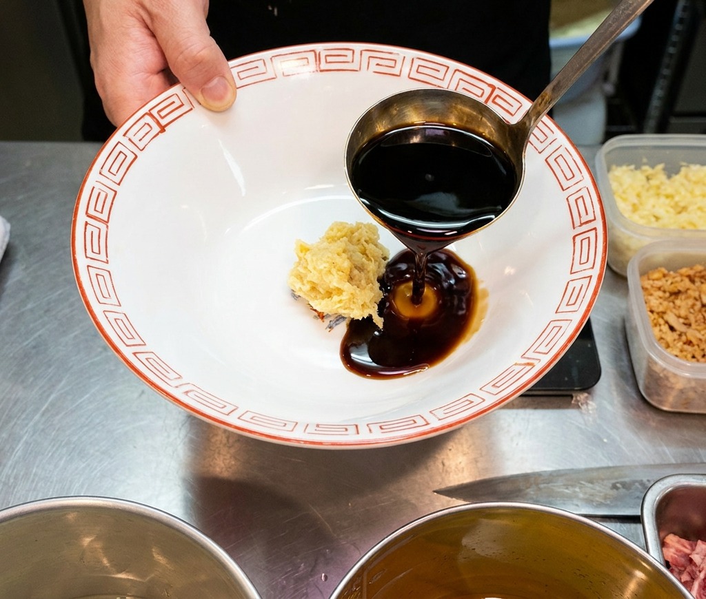 Dark, glossy soy sauce tare being poured from a stainless steel ladle into a white ramen bowl containing a small mound of grated seasoning.