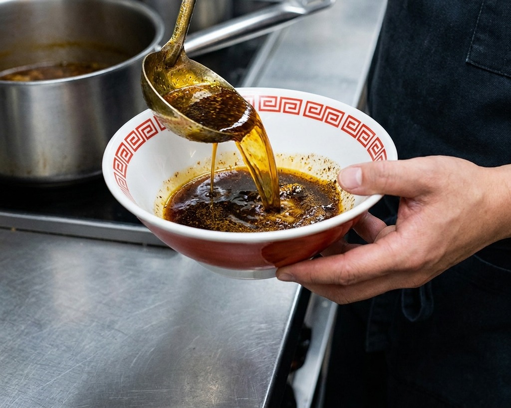 A hand sprinkling a pile of finely chopped bright green scallions into a ramen bowl containing dark sauce and spices.